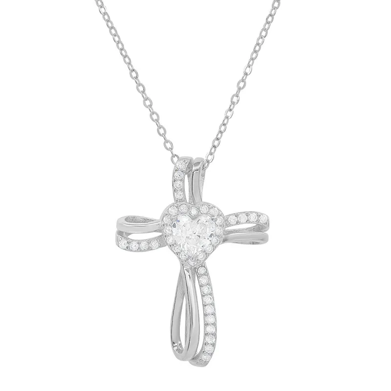 Sterling Silver Heart CZ Cross Pendant sold by Ruumur