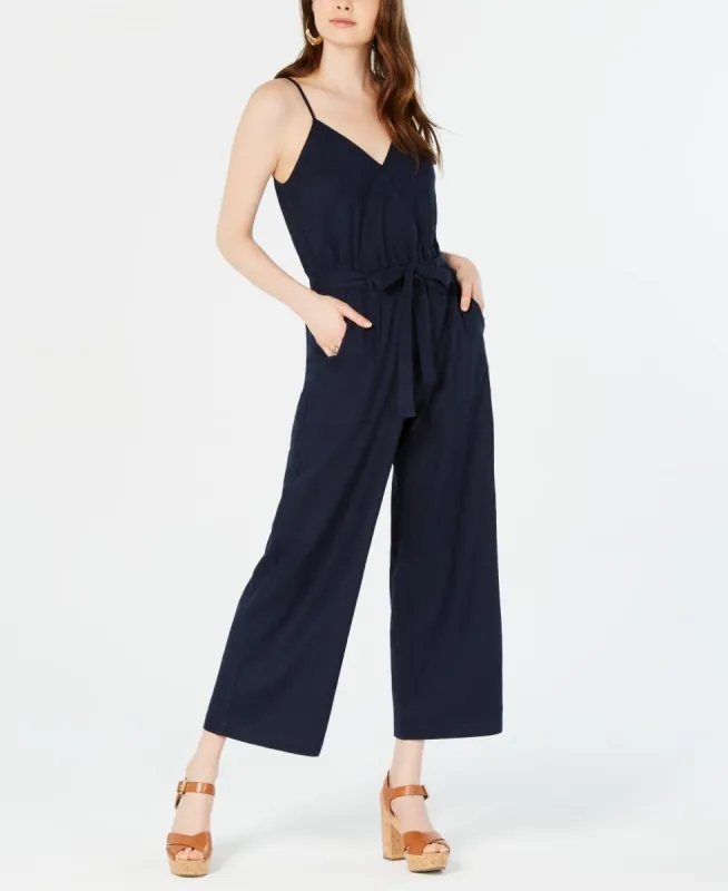 Monteau Women's Petite Paperbag-Waist Wide-Leg Jumpsuit Navy Size X-Large made by Ruumur
