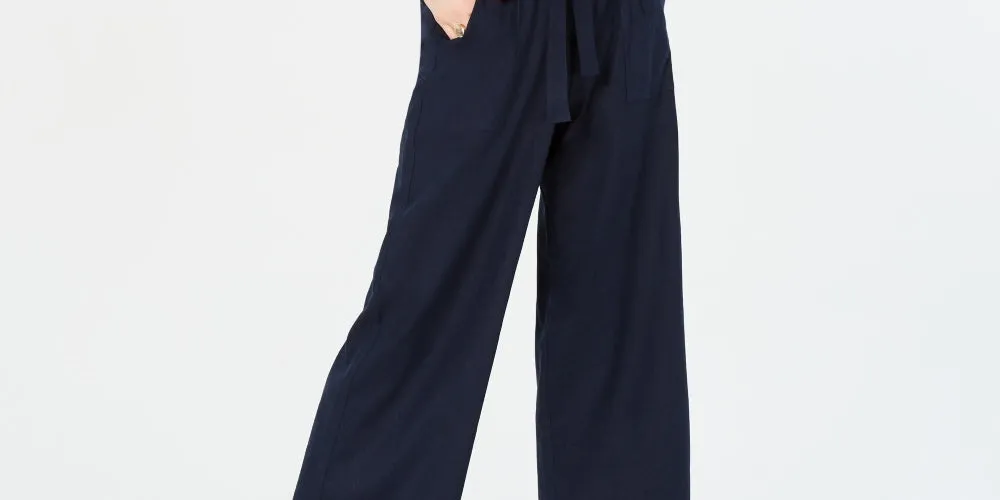 Monteau Women's Petite Paperbag-Waist Wide-Leg Jumpsuit Navy Size X-Large sold by Ruumur product image thumbnail 3