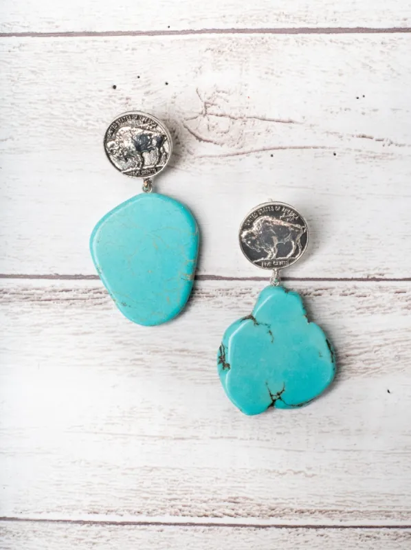 DON'T BE A SALTY HEIFER TURQUOISE ROCK SLAB WITH BUFFALO NICKEL COIN EARRINGS made by Ruumur