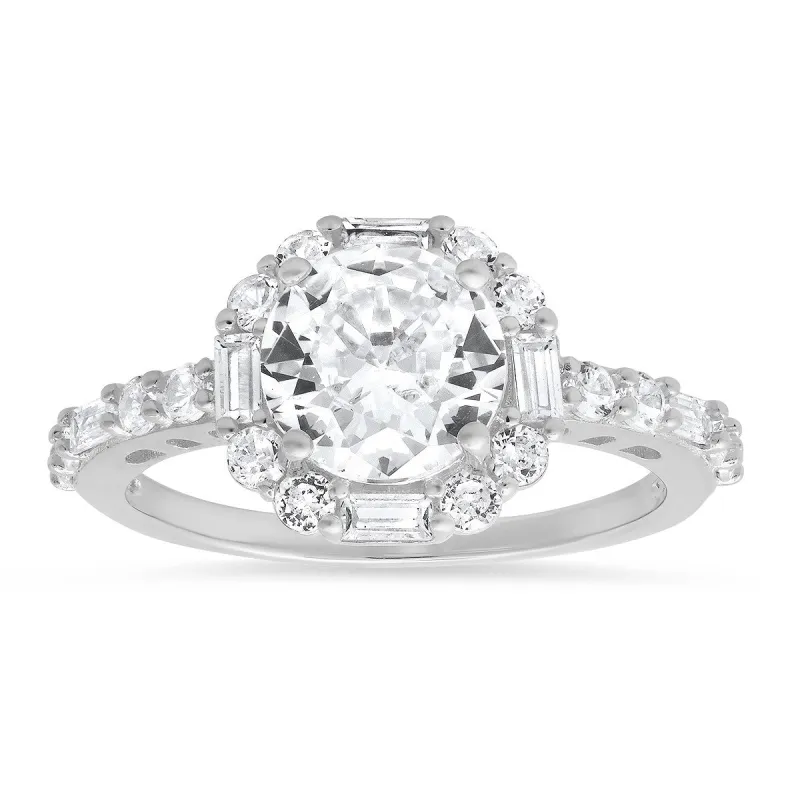Sterling Silver Round and Baguette-cut Halo CZ Ring sold by Ruumur