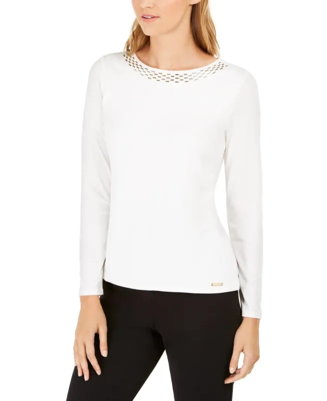 Calvin Klein Women's Embellished Neck Top White Size Large made by Calvin Klein