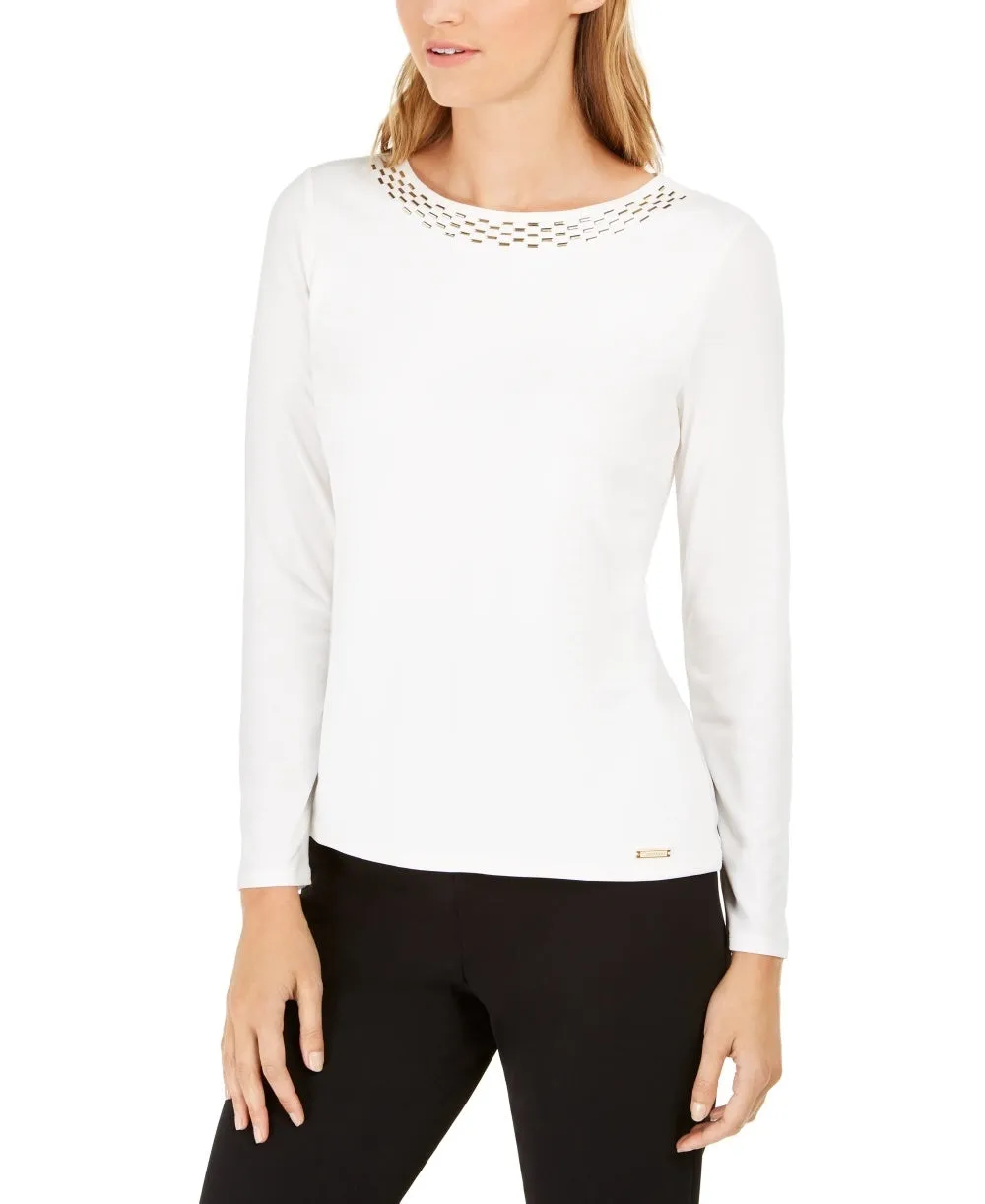 Calvin Klein Women's Embellished Neck Top White Size Large sold by Ruumur