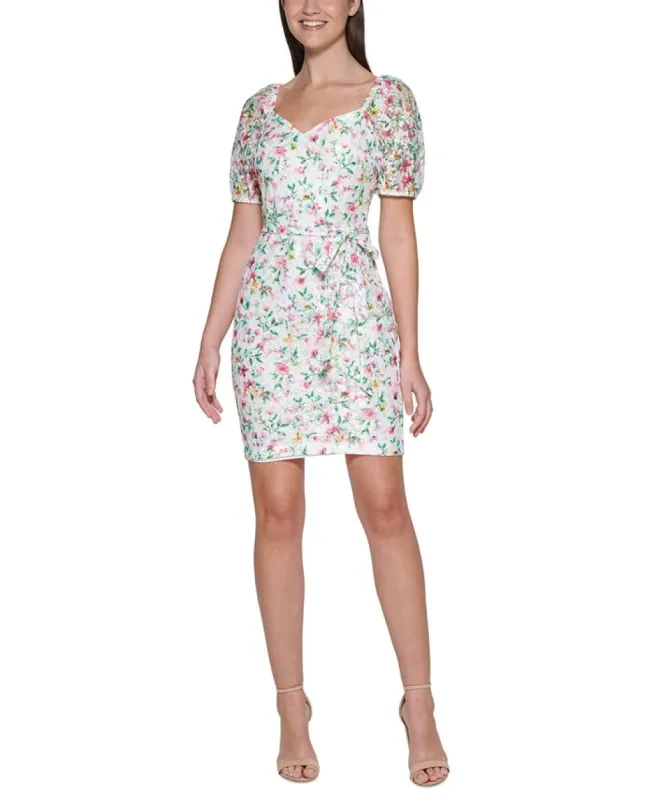 GUESS Women's Printed Lace Puff Sleeve Mini Dress White Size 4 sold by Ruumur