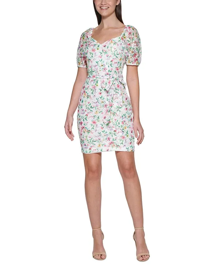 GUESS Women's Printed Lace Puff Sleeve Mini Dress White Size 4 sold by Ruumur