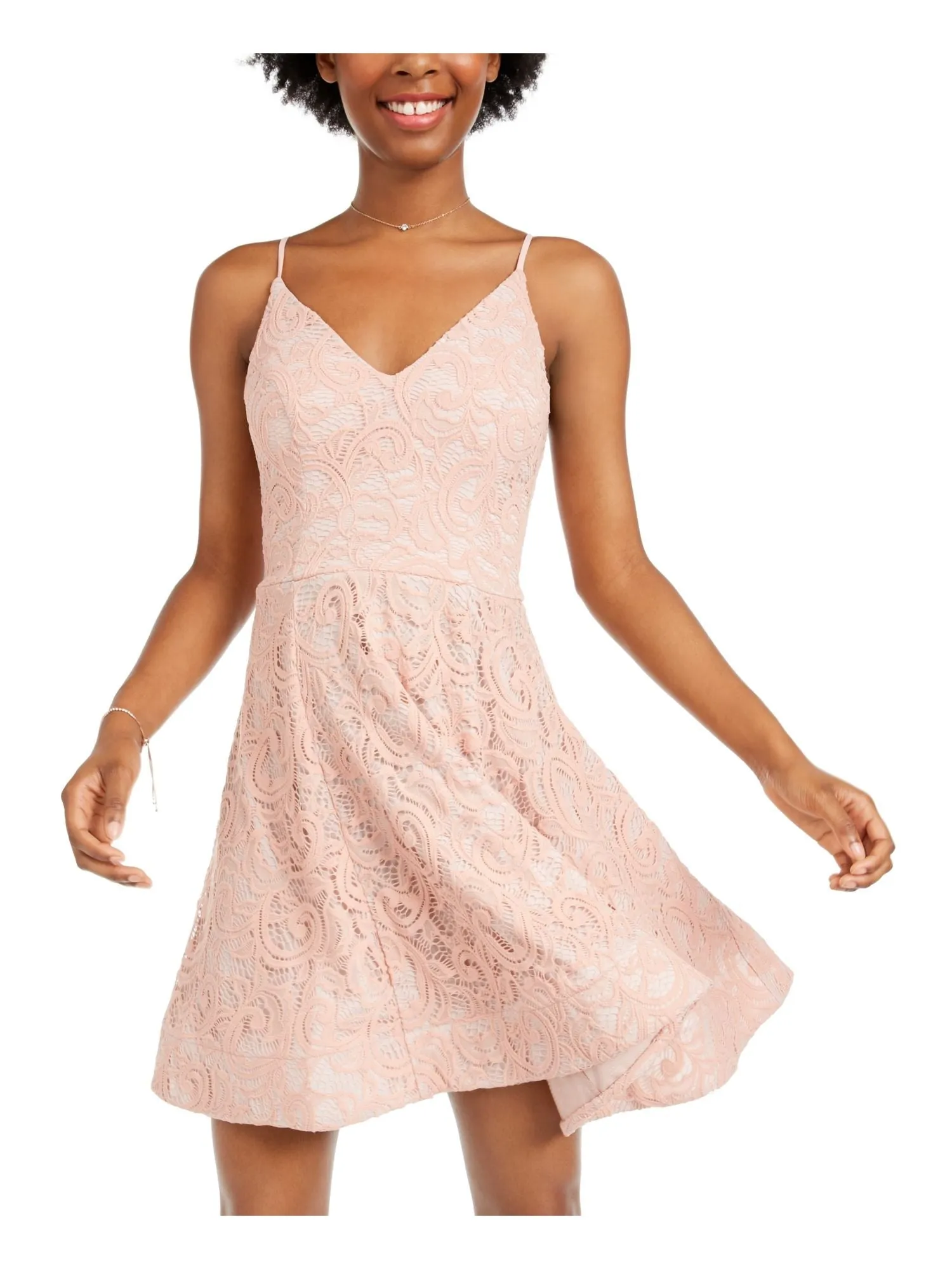 Sequin Hearts Women's Spaghetti Strap V Neck Above The Knee Fit Flare Dress Pink Size 1 sold by Ruumur