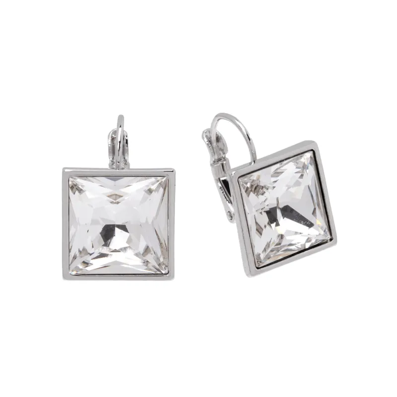 Silvertone Clear Swarovski Crystal Square Leverback Earrings sold by Ruumur