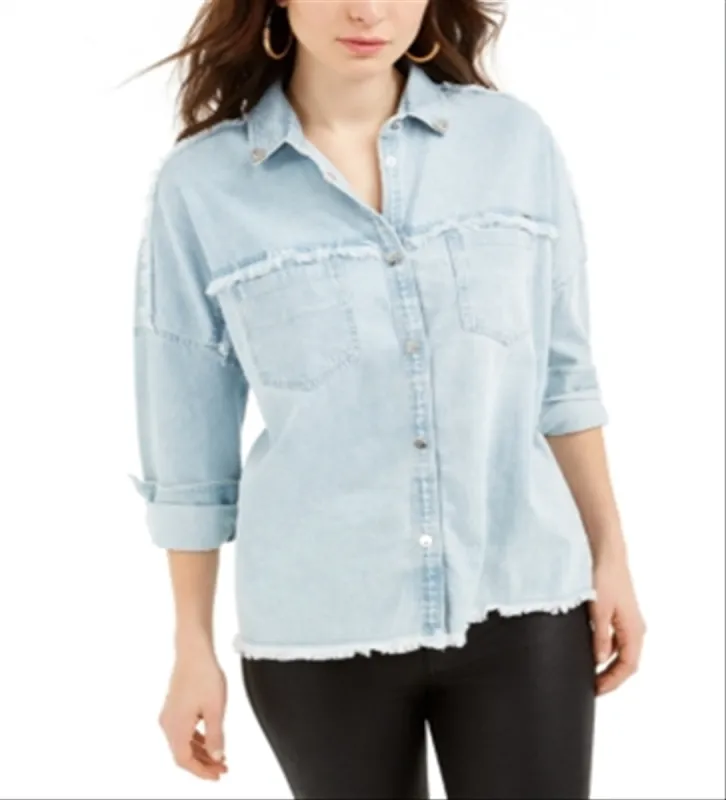 Guess Women's Parisian Raw Cut Denim Shirt Blue Size Medium sold by Ruumur