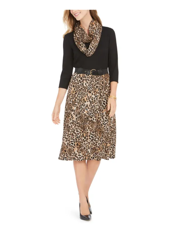 Signature Women's Belted Animal Print 3/4 Sleeve Jewel Neck Below the Knee Wear to Work Fit Flare Dress Black Size Petite Small sold by Ruumur