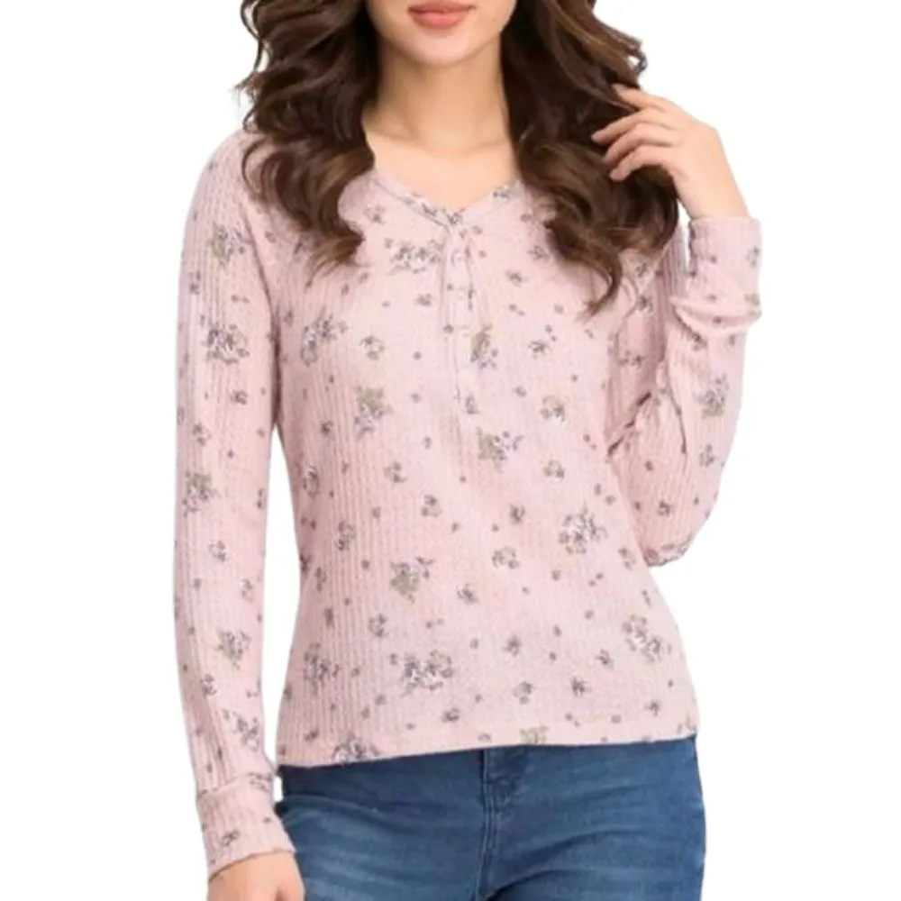 Ultra Flirt Juniors' Women's Floral Print Waffle Texture Henley Top Pink Size Medium sold by Ruumur