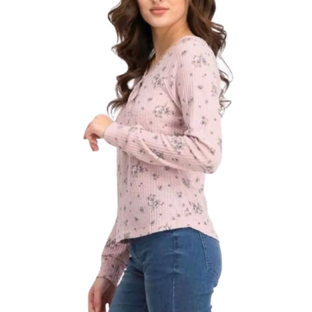 Ultra Flirt Juniors' Women's Floral Print Waffle Texture Henley Top Pink Size Medium sold by Ruumur product image thumbnail 2
