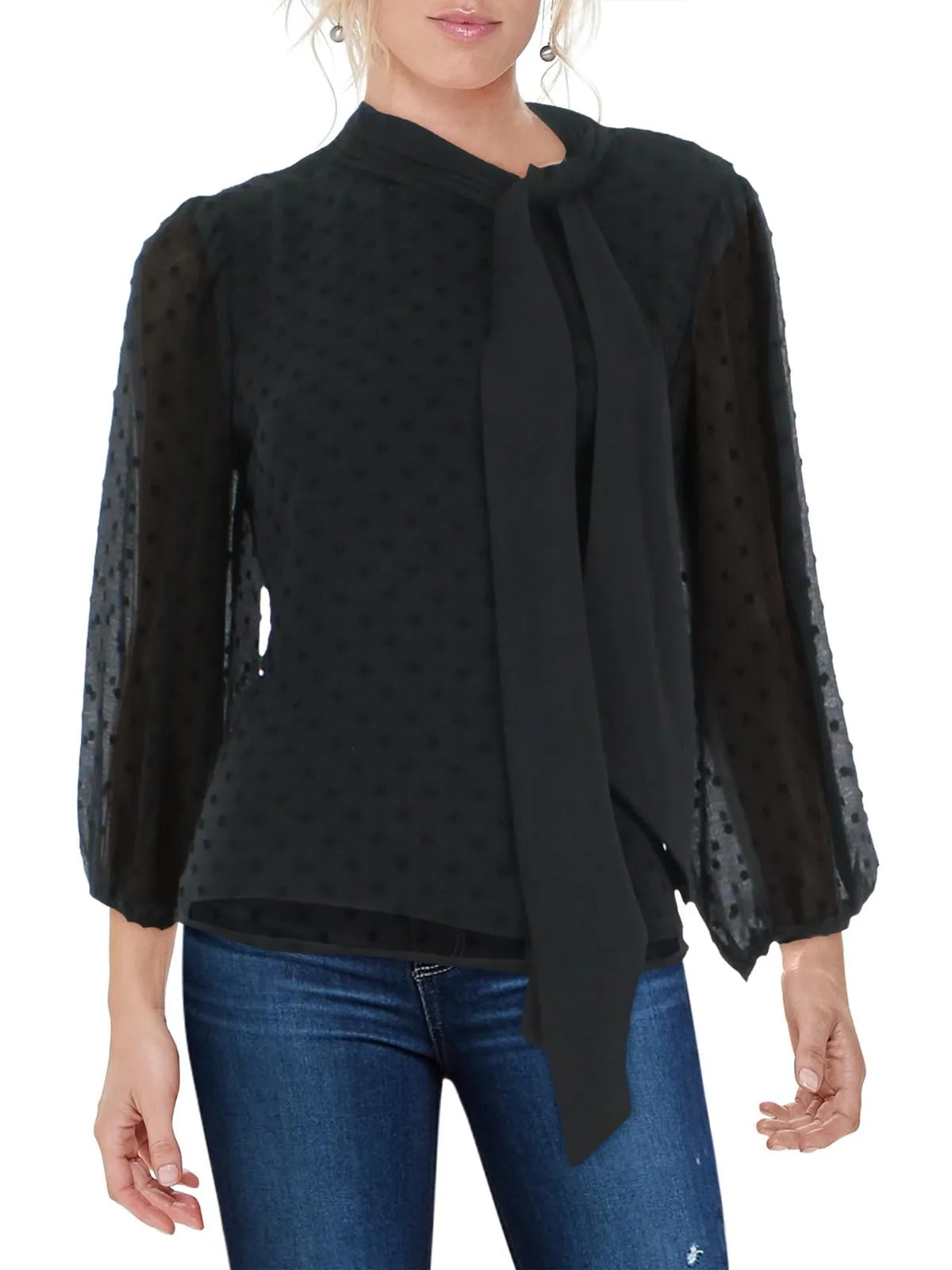 Riley & Rae Women's Tie Neck Puff Sleeve Blouse Black Size Small sold by Ruumur