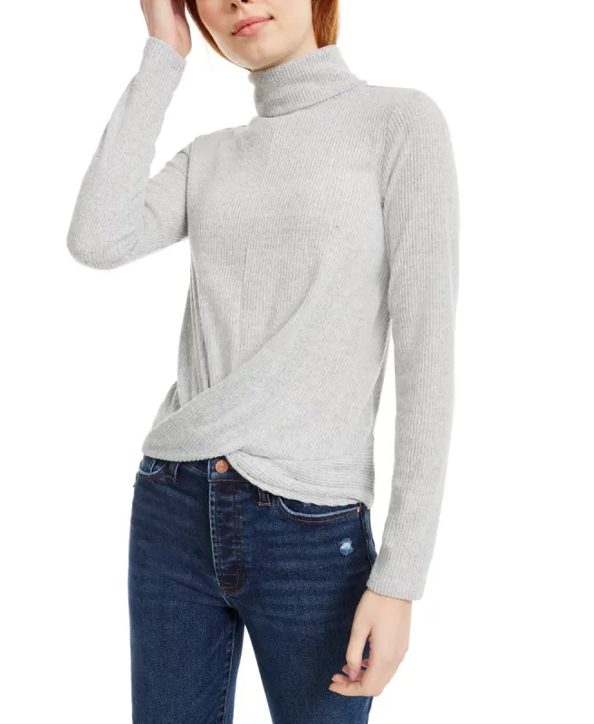 Crave Fame Juniors' Cozy Twist-Front Turtleneck Top Silver Size X-Small sold by Ruumur