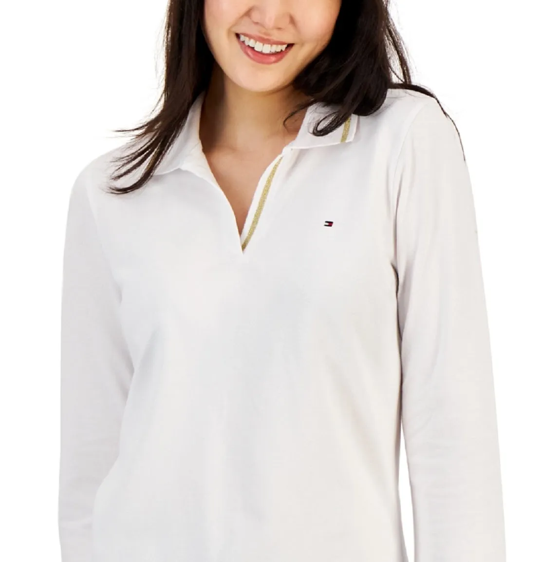 Tommy Hilfiger Women's Striped Johnny Collar 3/4 Sleeve Polo Top White sold by Ruumur product image thumbnail 2