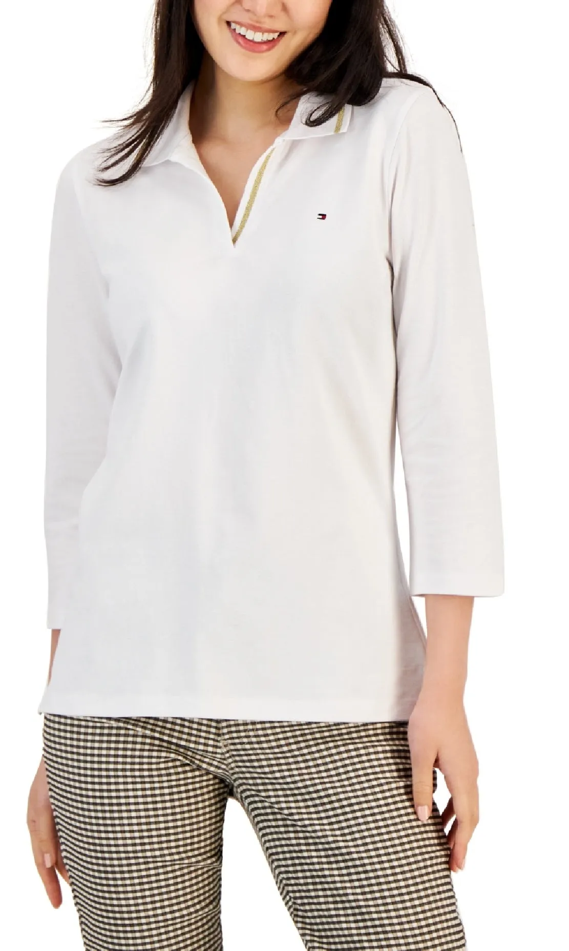 Tommy Hilfiger Women's Striped Johnny Collar 3/4 Sleeve Polo Top White sold by Ruumur product image thumbnail 5
