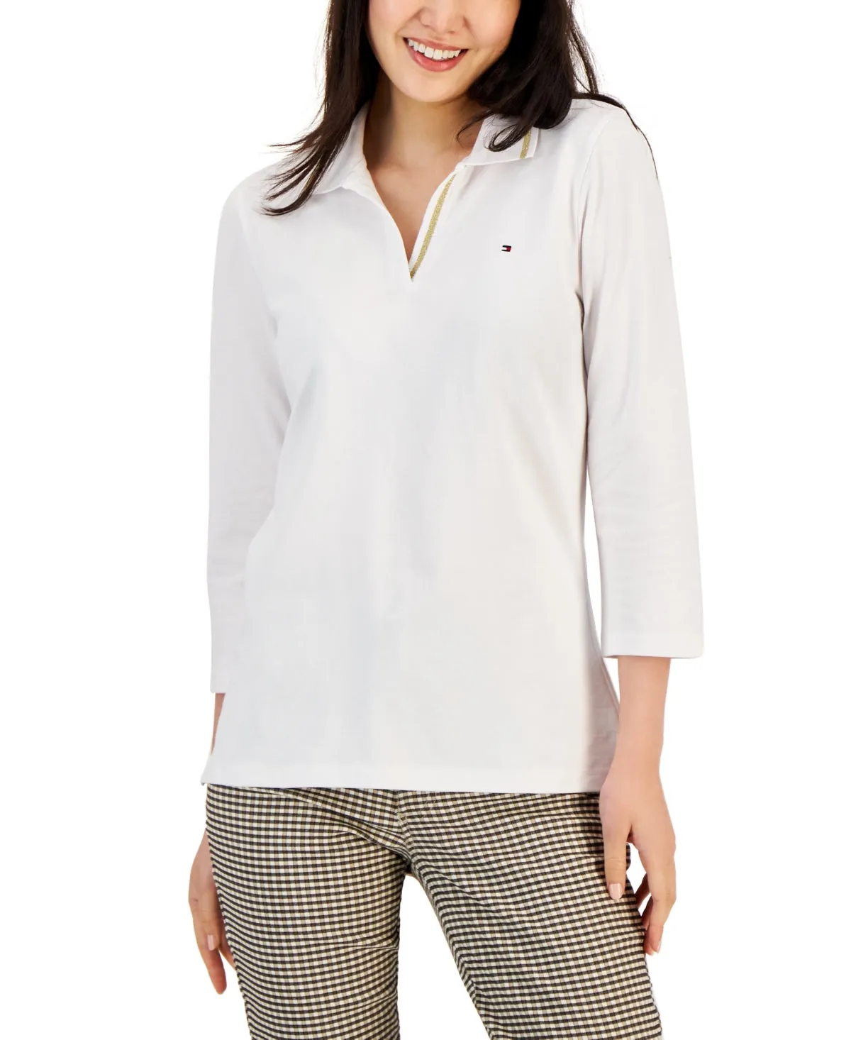 Tommy Hilfiger Women's Striped Johnny Collar 3/4 Sleeve Polo Top White sold by Ruumur