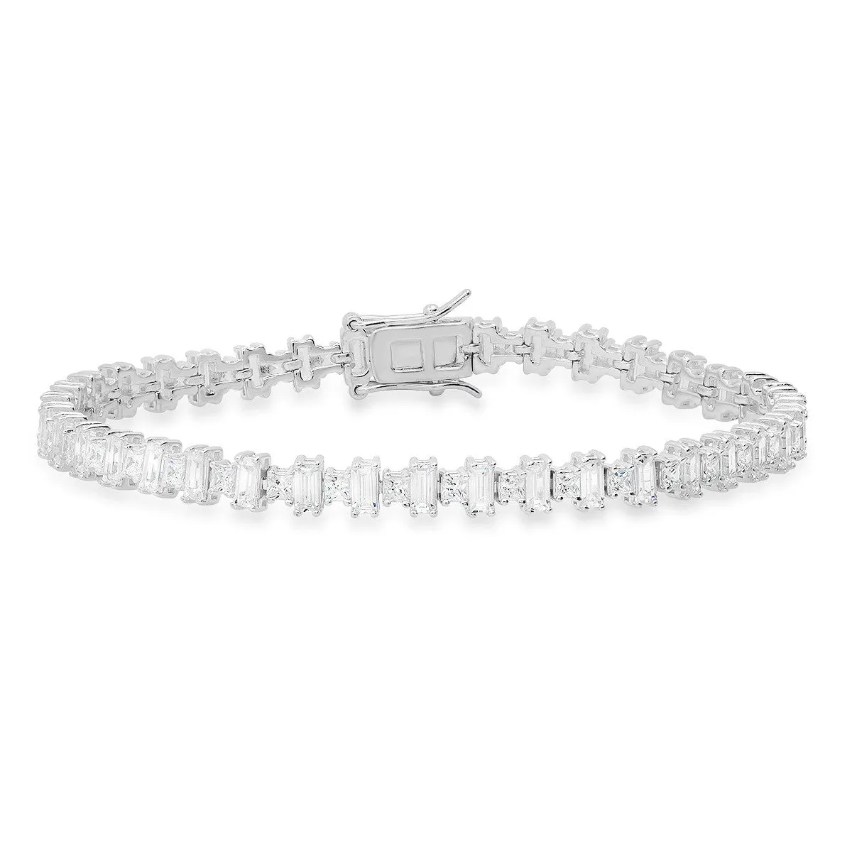 Sterling Silver 7.25" Princess & Baguette-cut CZ Tennis Bracelet sold by Ruumur