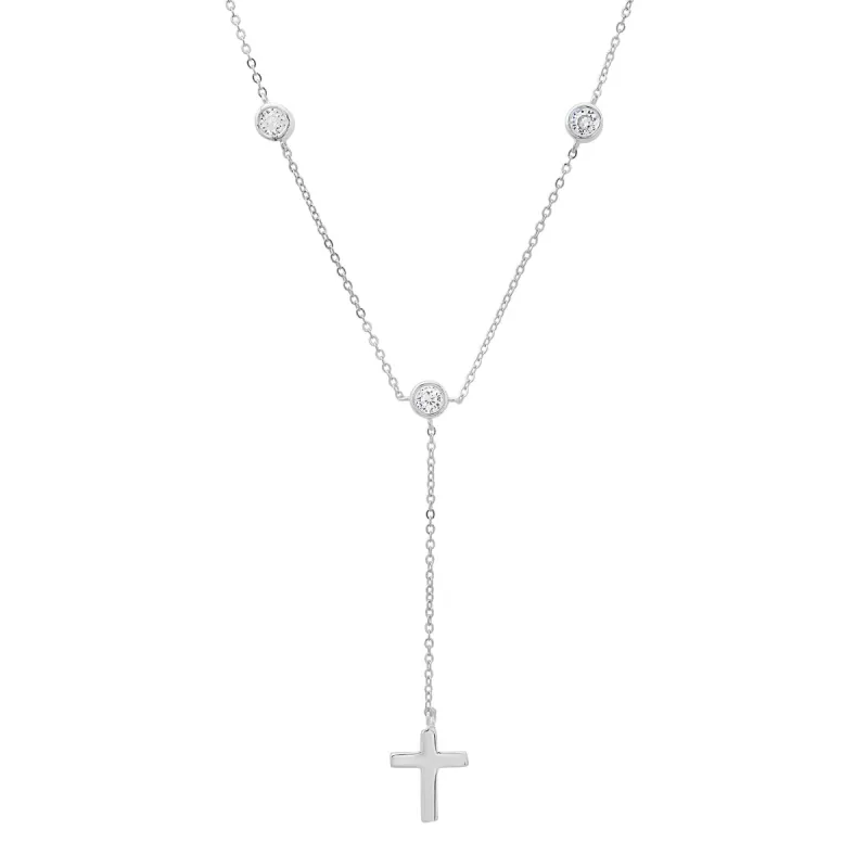 Sterling Silver Bezel-set CZ Cross Y Necklace sold by Ruumur