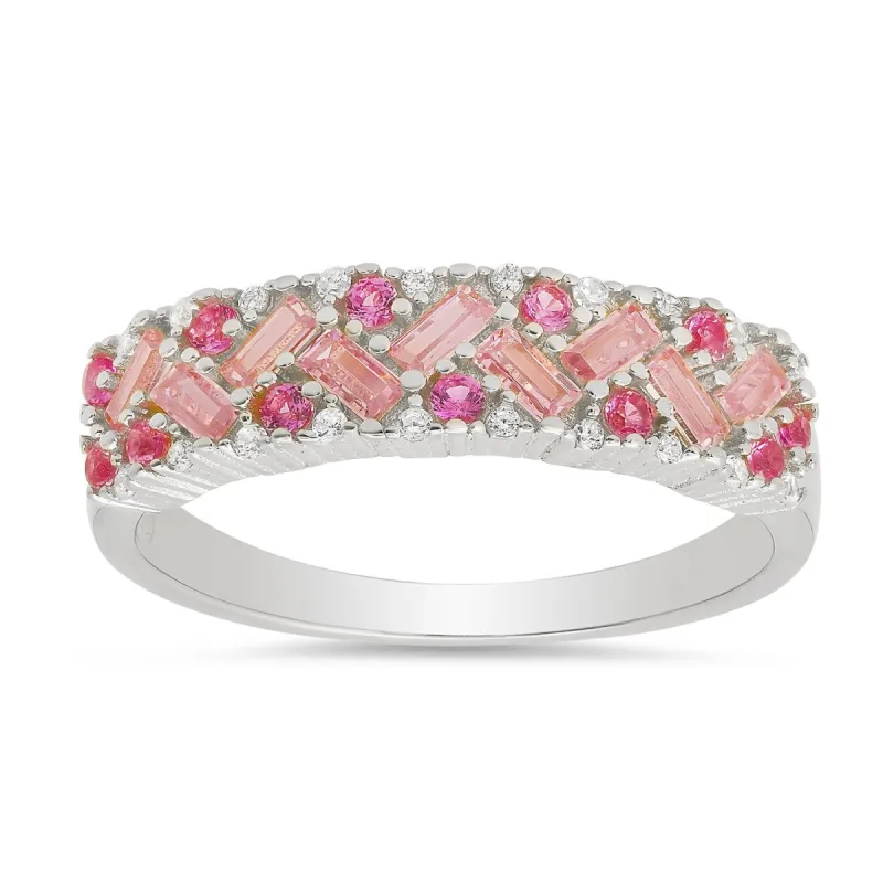 Sterling Silver Pink Sapphire CZ Ombre Baguette-cut Band Ring made by Ruumur