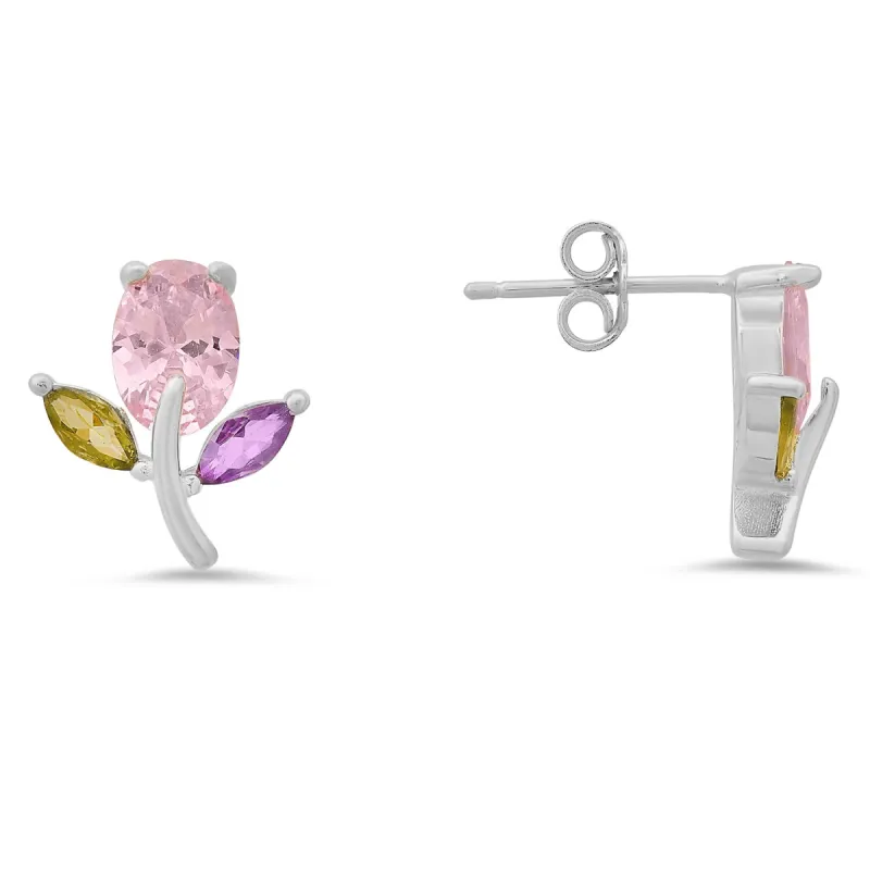 Sterling Silver Multi-Color CZ Flower Stud Earrings sold by Ruumur