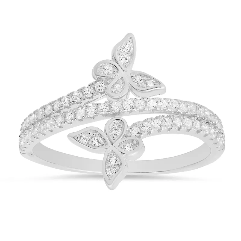 Sterling Silver CZ Butterfly Crossover Ring sold by Ruumur