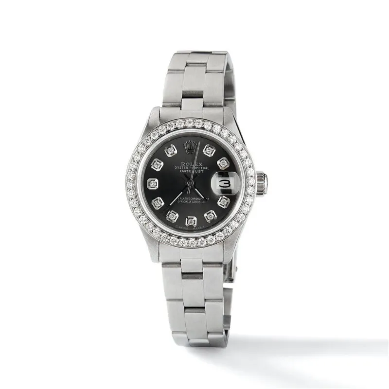 Rolex Datejust Ladies 26mm Diamond Bezel/Black Raven Dial Oyster Steel Watch TFJ-142508042 sold by Ruumur