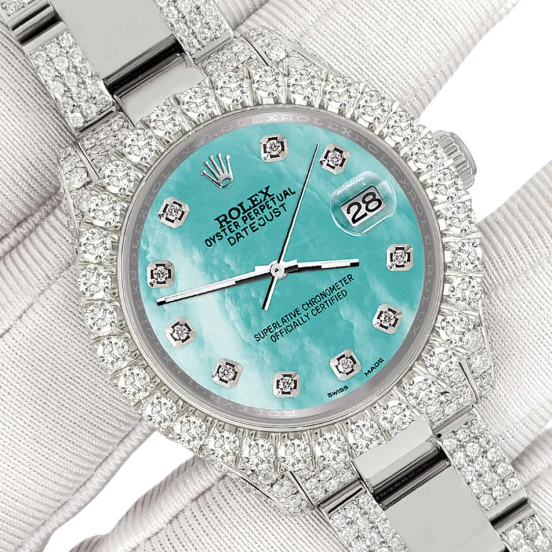 Rolex Datejust 31mm Pave 7.2ct Iced Diamond Aquamarine MOP Watch  TFJ-142508422 sold by Ruumur