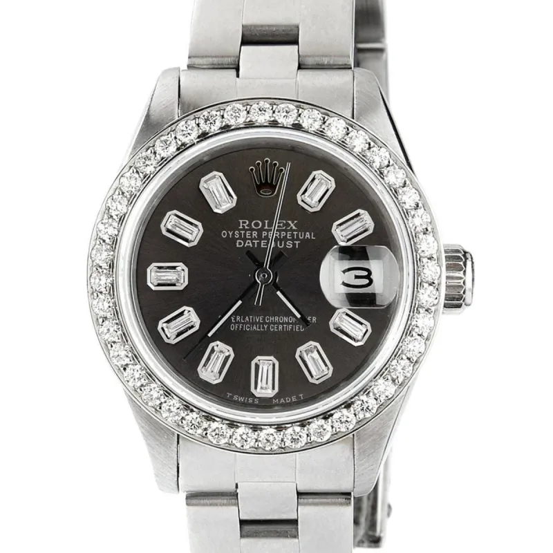 Rolex Datejust 26mm Diamond Bezel/Black Baguette Diamond Dial Oyster Steel Watch TFJ-142508149 sold by Ruumur