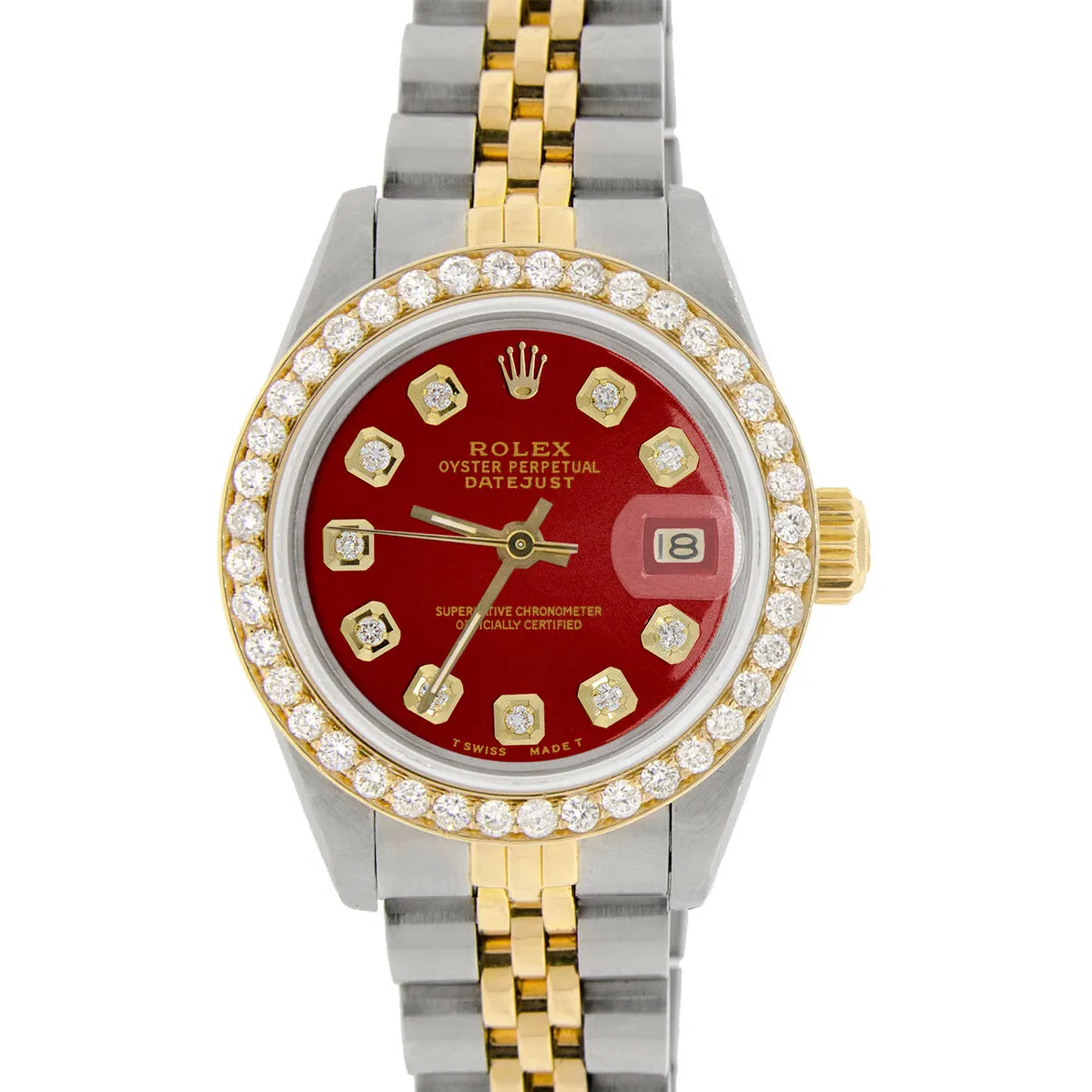 Rolex Datejust Ladies 2-Tone Gold/Steel 26mm Watch w/Red Dial & Diamond Bezel TFJ-142508133 sold by Ruumur