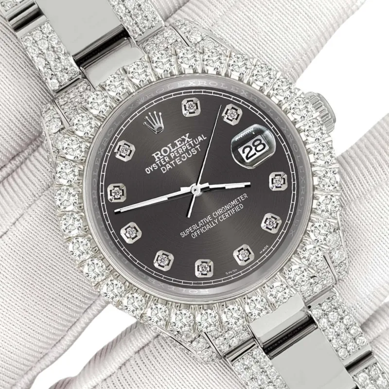 Rolex Datejust 31mm Pave 7.2ct Iced Diamond Rhodium Gray Track Watch  TFJ-142508411 sold by Ruumur