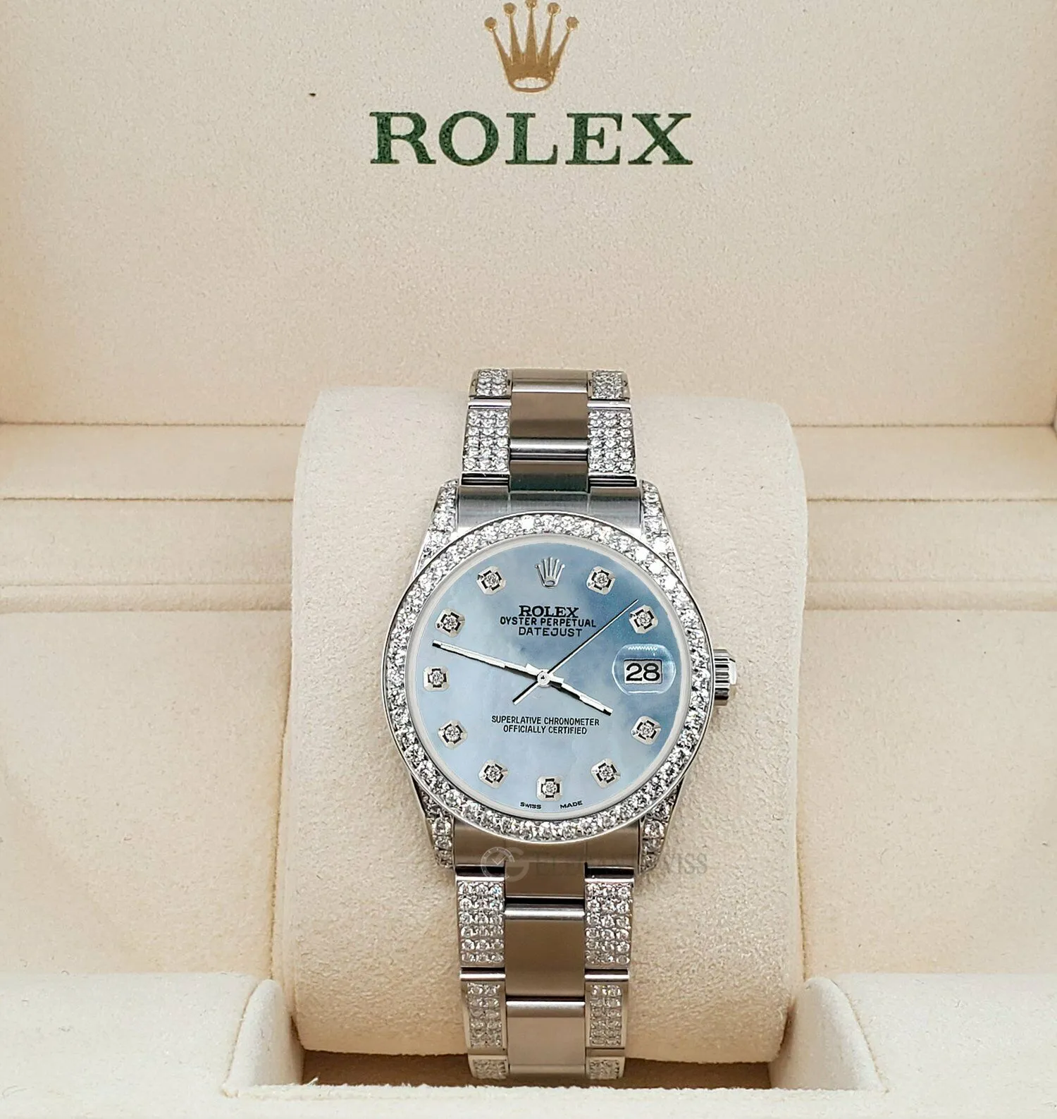 Rolex Datejust 31mm 3.5ct Diamond Bezel/Lugs/Bracelet/Sky Blue MOP Dial Watch TFJ-142508815 sold by Ruumur