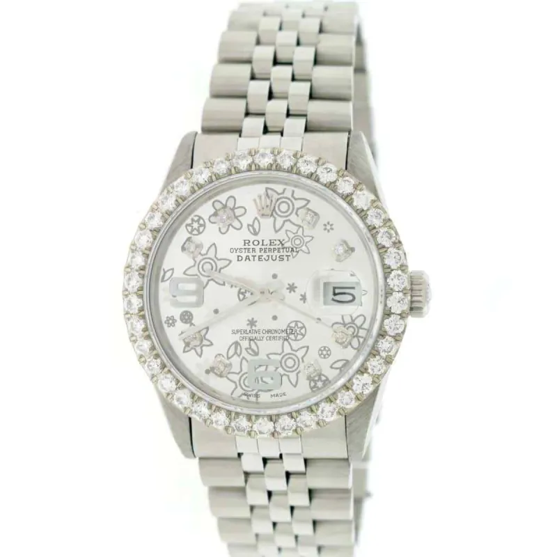 Rolex Datejust 36mm Jubilee Watch w/Silver Floral Diamond Dial &amp; 2.8CT Bezel TFJ-142508105 sold by Ruumur