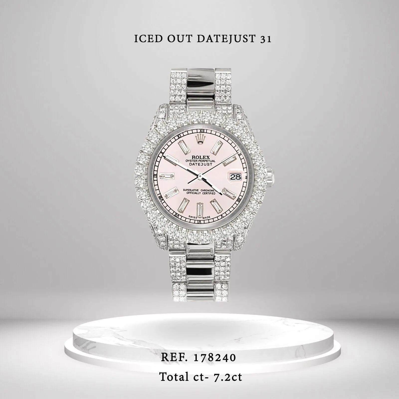 Rolex Datejust 31mm Pave 7.2ct Ice Pink Diamond Baguette Dial Watch 178240 TFJ-142507924 sold by Ruumur