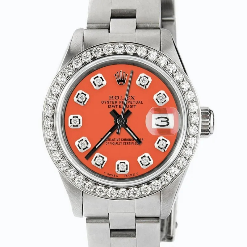 Rolex Datejust Ladies 26mm Diamond Bezel/Tiger Orange Dial Oyster Steel Watch TFJ-142508108 made by Ruumur