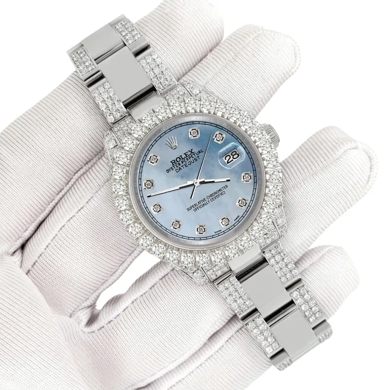 Rolex Datejust 31mm Pave 7.2ct Iced Diamond Sky Blue MOP Track Watch  TFJ-142508409 sold by Ruumur