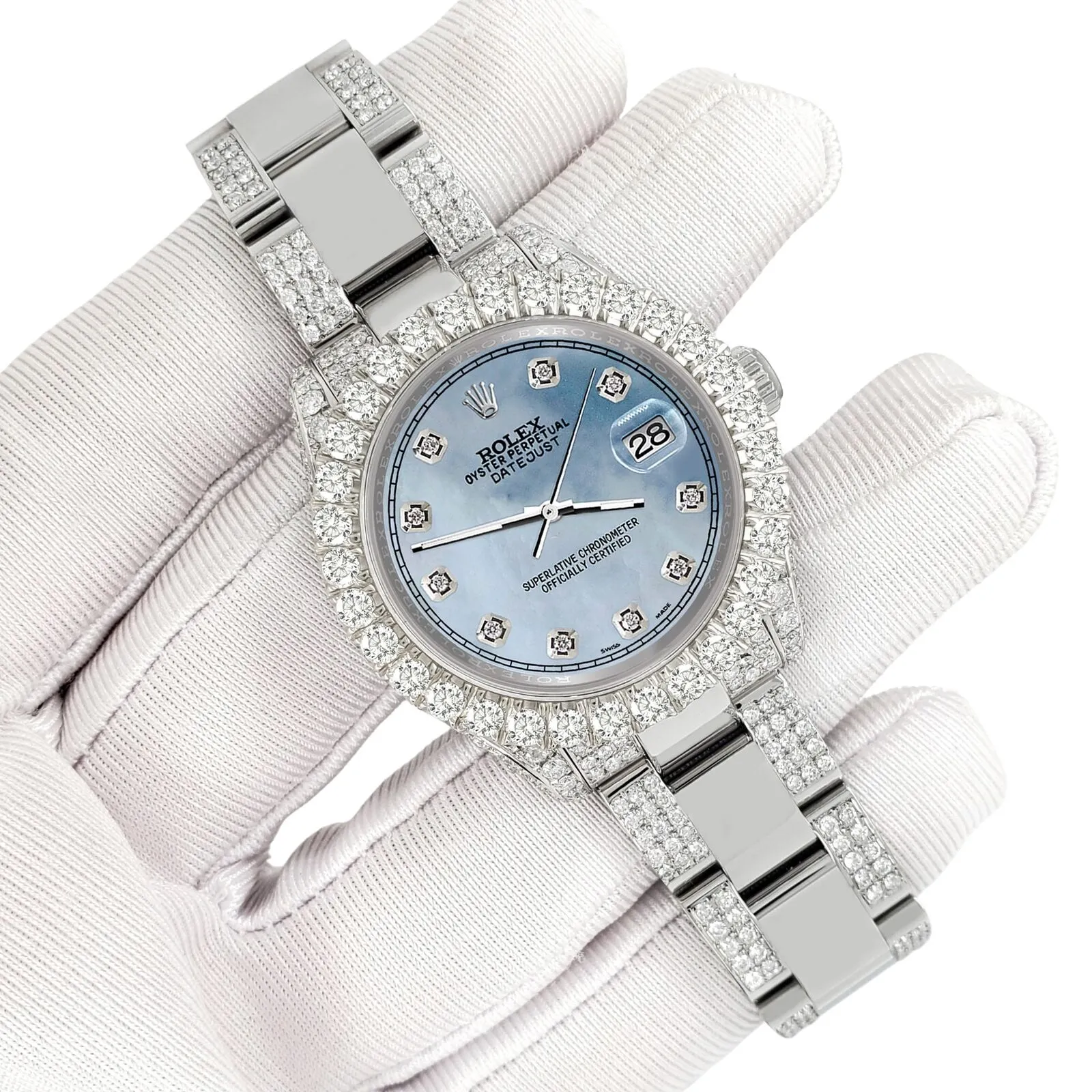 Rolex Datejust 31mm Pave 7.2ct Iced Diamond Sky Blue MOP Track Watch TFJ-142508409 sold by Ruumur