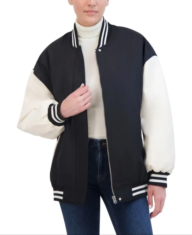 Hudson Jeans Women's Oversized Varsity Jacket With Vegan Leather Sleeves sold by Ruumur