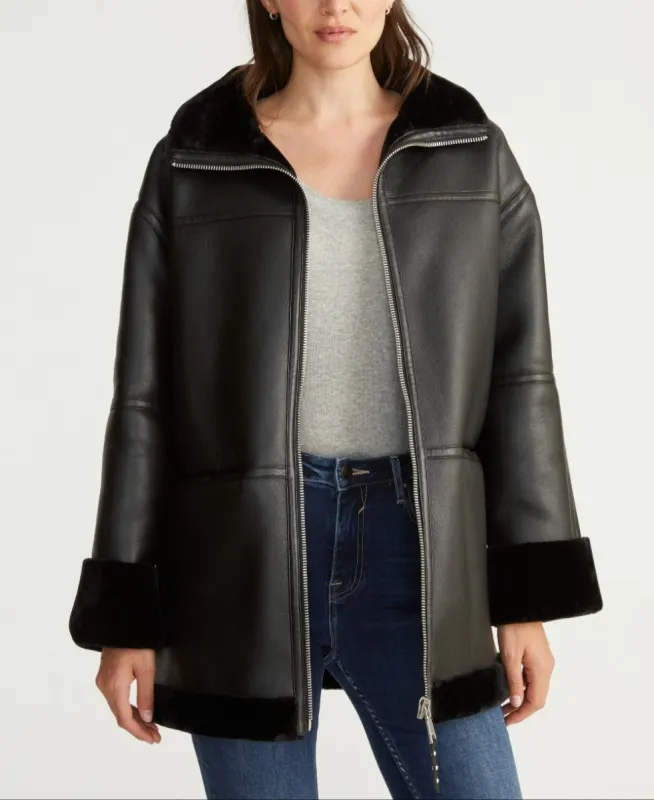 Rebecca Minkoff Women's Vegan Shearling Zip Front Car Coat With Convertible Collar sold by Ruumur