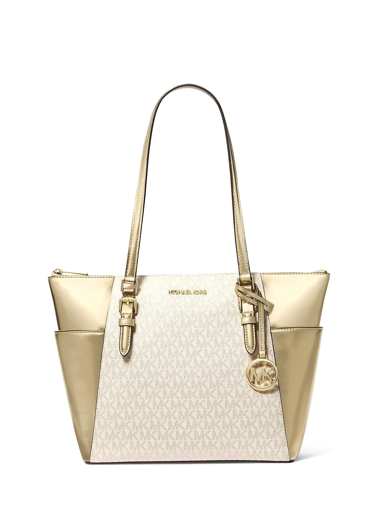 Michael Kors Women's Charlotte Large Signature Logo and Metallic Top-Zip Tote Bag sold by Ruumur