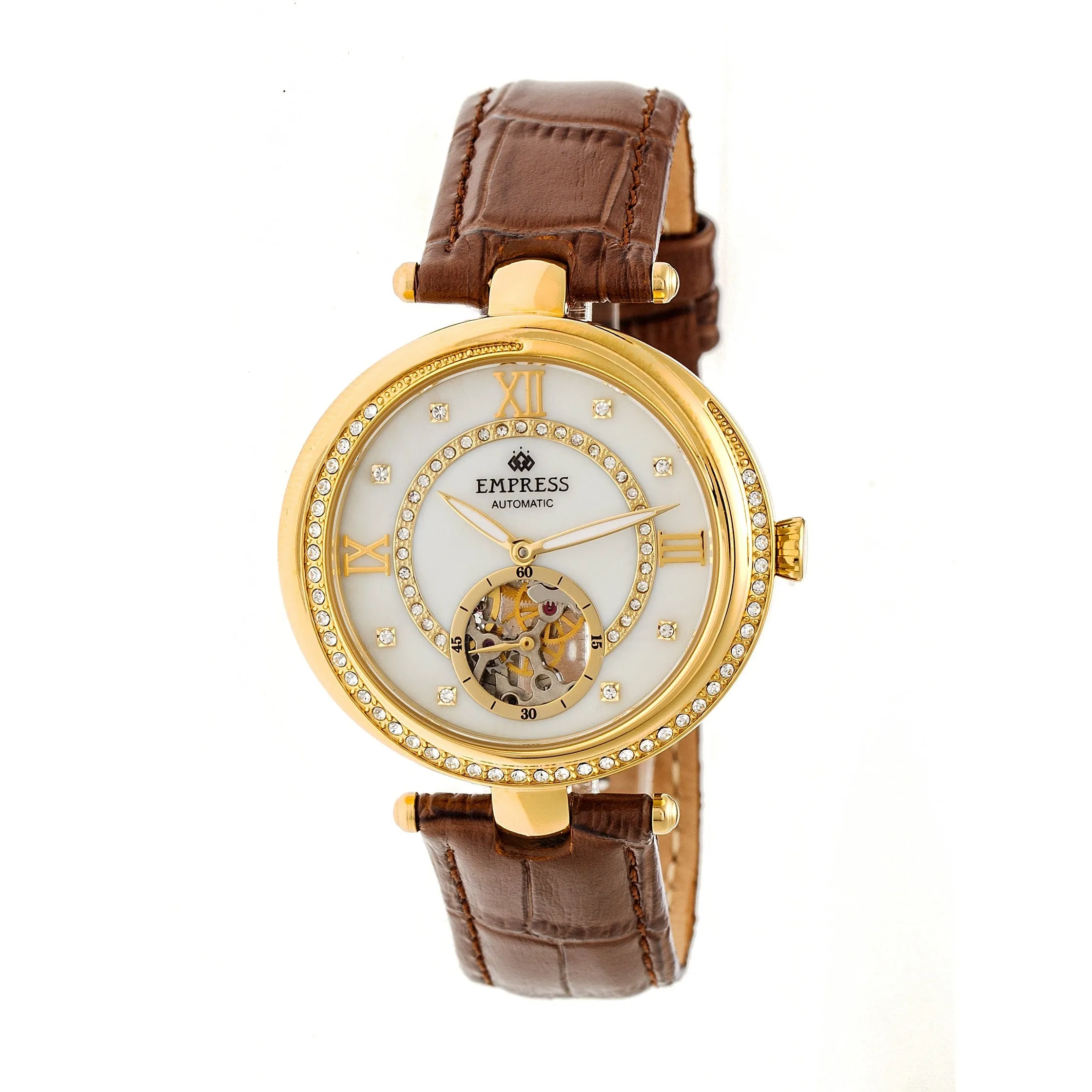 Empress Stella Automatic Semi-Skeleton MOP Leather-Band Watch - Brown/White sold by Ruumur