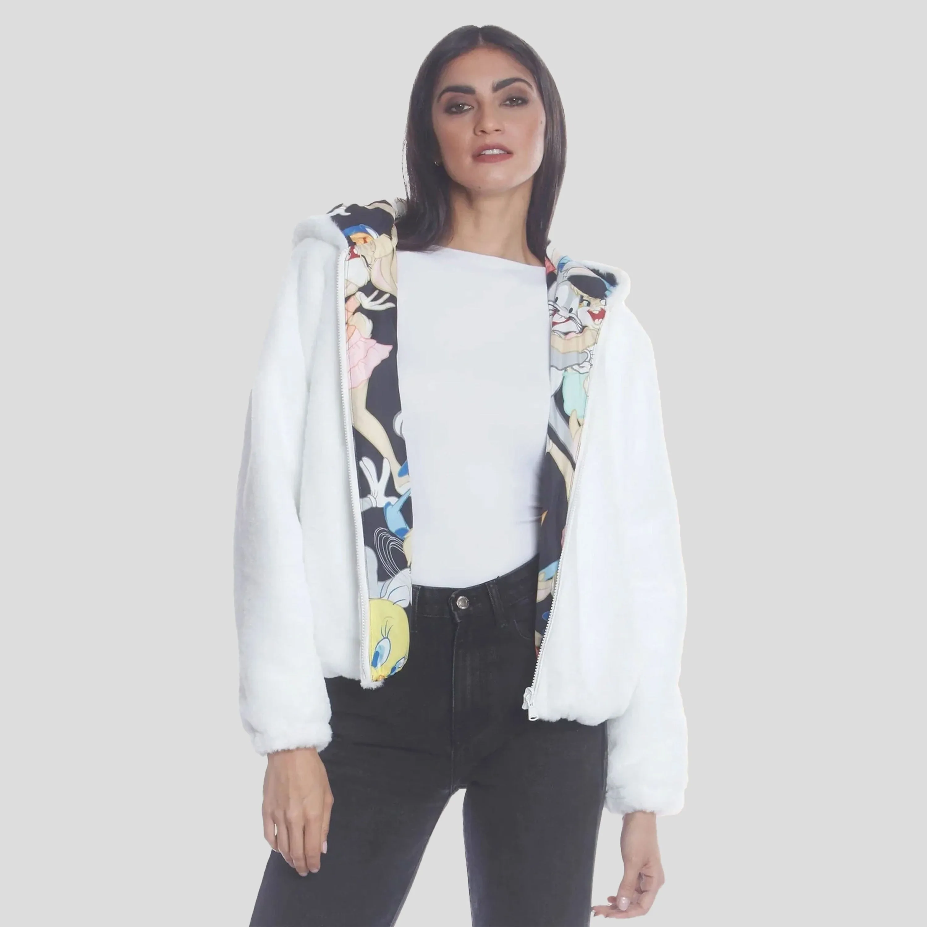 Members Only Women's Faux Rabbit Fur Reversible Bomber Looney Tunes Satin Mashup Print Lining Jacket sold by Ruumur product image thumbnail 2