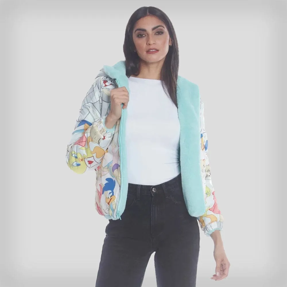 Members Only Women's Faux Rabbit Fur Reversible Bomber Looney Tunes Satin Mashup Print Lining Jacket sold by Ruumur