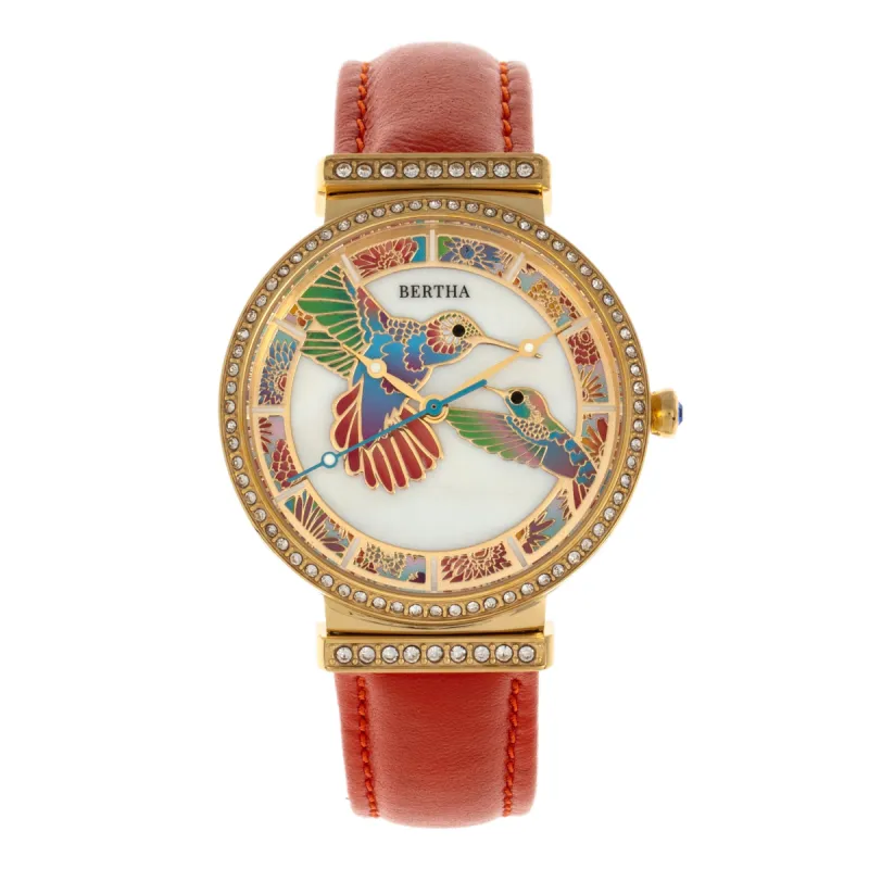 Bertha Emily Mother-Of-Pearl Leather-Band Watch - Gold/Orange sold by Ruumur