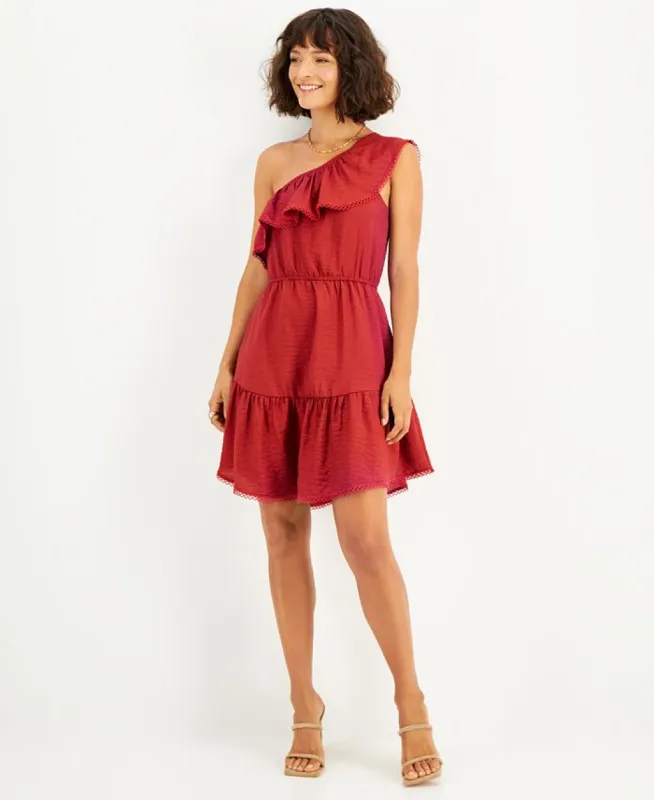 Bar III Women's One Shoulder Ruffled Hem Dress Red Size X-Large sold by Ruumur