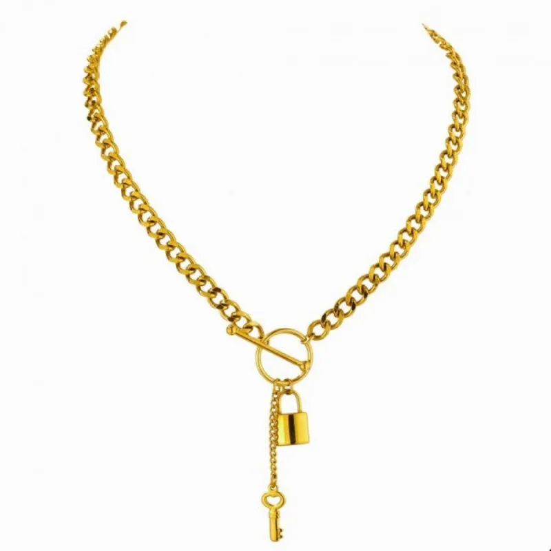 Padlock & Key Statement Necklace with Front Toggle Closure sold by Ruumur