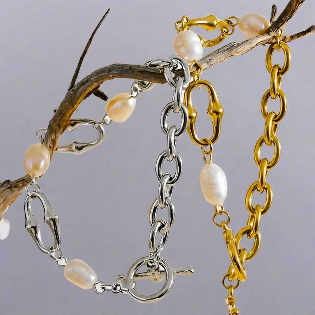 18K Gold Plated Link Chain Bracelet with Freshwater Pearls sold by Ruumur product image thumbnail 2