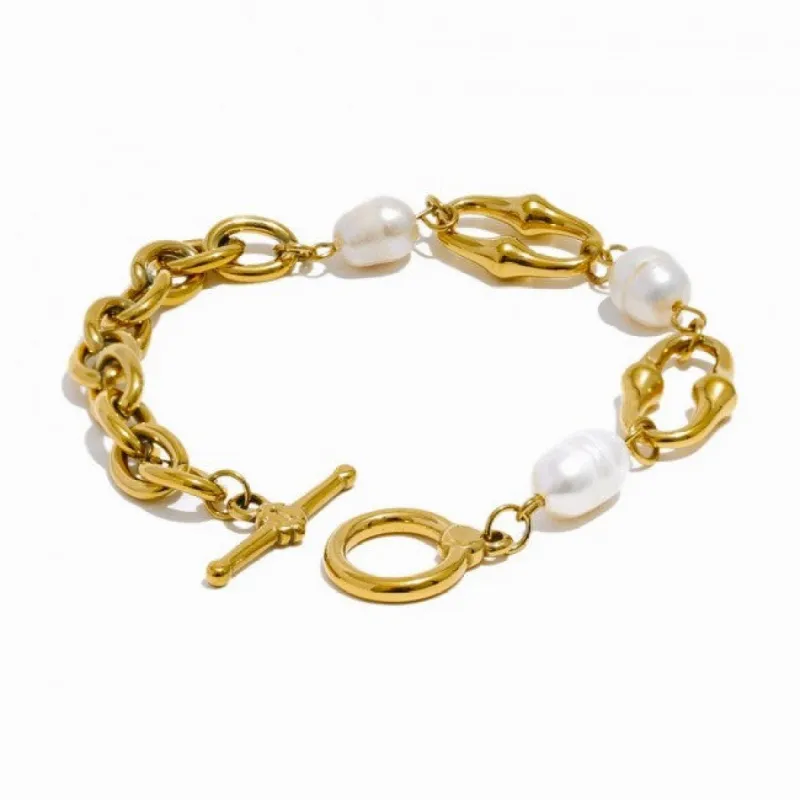 18K Gold Plated Link Chain Bracelet with Freshwater Pearls sold by Ruumur