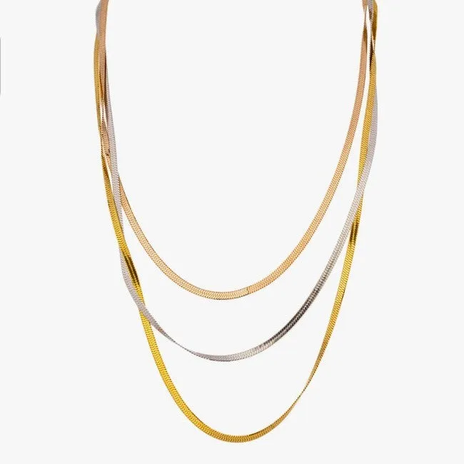 Tri-Tone Layered Herringbone Chain Necklace sold by Ruumur