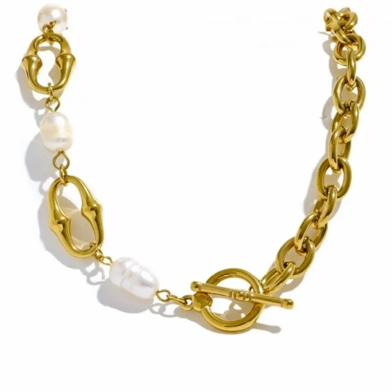 18K Gold-Plated Necklace with Freshwater Pearls & Toggle Clasp sold by Ruumur