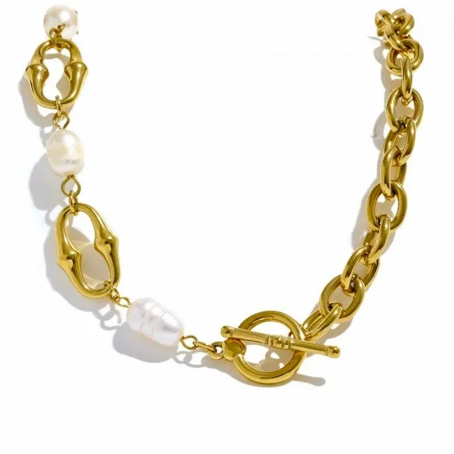 18K Gold-Plated Necklace with Freshwater Pearls & Toggle Clasp sold by Ruumur